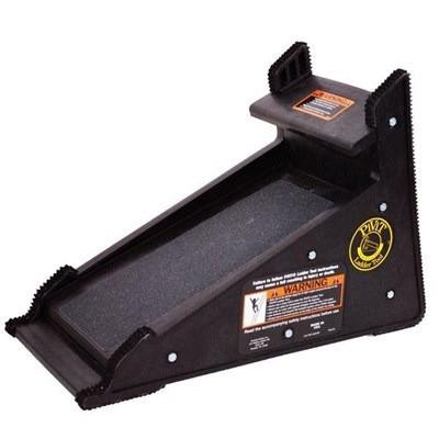 ProTool PiVit Ladder Tool, a black and gray adjustable ladder with safety features and warning labels for secure climbing and work positioning.