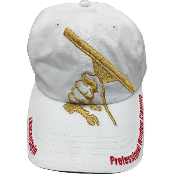 ProTool Hat White Squeegeelution, a white baseball cap with embroidered gold graphic of a hand holding a squeegee and red text reading 'Professional Window Cleaning' on the brim.