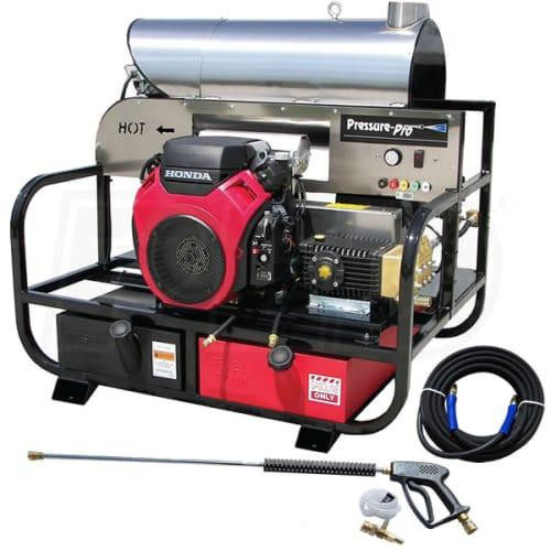 PressurePro 8.0g 3000psi Hot Skid 115v, industrial pressure washing equipment with a red Honda engine, control panel, and spray wand included.