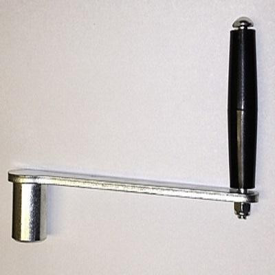 J.Racenstein Reel Handle for 100 Series Cox Reels, black handle attached to a metallic reel arm with mounting hardware