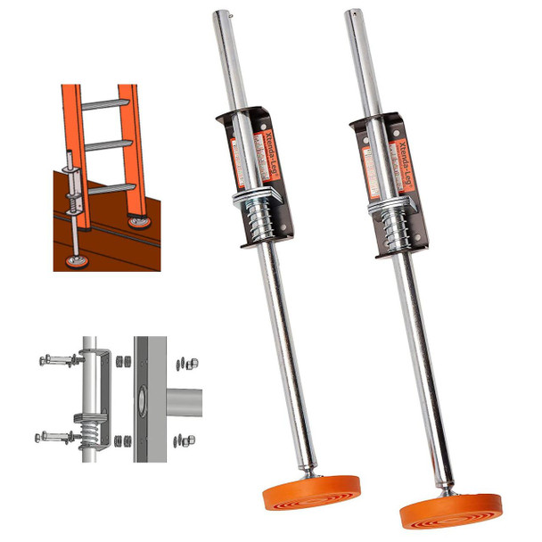 J.Racenstein Ladder Leveler w/Rubber Feet (2 pack) Xtenda-Leg, adjustable ladder levelers with rubber feet for stability and safety, shown with installation illustrations.