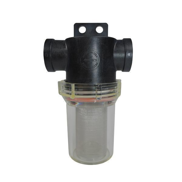 J.Racenstein Filter 3/4in 40 Mesh SS Screen Clear Hou, water filter with black T-shaped body and transparent sediment screen container.