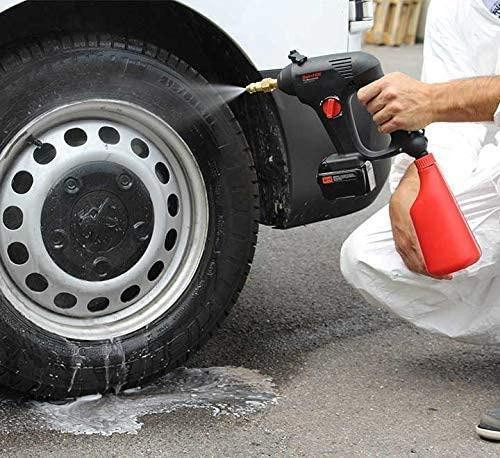 ProTool Power Sprayer Chemical Sprayer Gun with 2 Batteries, handheld sprayer being used to clean a vehicle tire with spray and water on pavement.