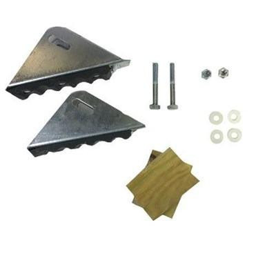 J.Racenstein Ladder Safety Shoes (2) Metallic, metal ladder safety shoes with mounting accessories including bolts, washers, and adhesive strips for secure safety on ladders.