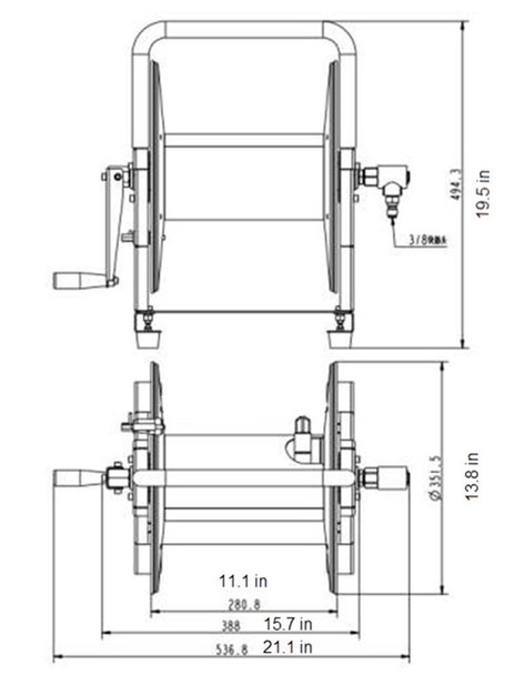 ProTool Pressure Wash Reel with 100ft 3/8 inch single wire hose, technical drawing showing dimensions and structure details.