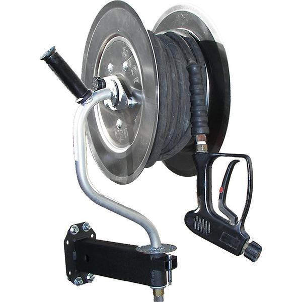 J.Racenstein Reel PW 150ft 5000psi 400dg SS Pivoting, industrial hose reel with hose and handle for high-pressure water applications.