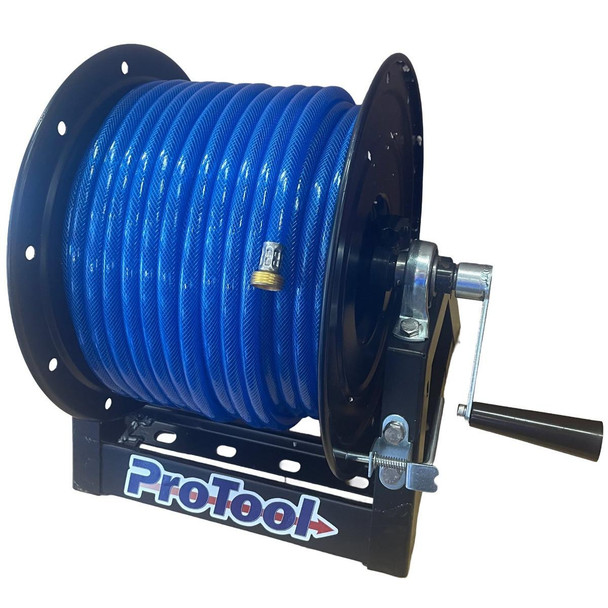 ProTool Reel Black 150ft 1/2in or 200ft 3/8in Hose A Frame, a versatile black hose reel with a blue hose coiled around it designed for easy storage and use.