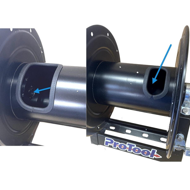 ProTool Reel Black 150ft 1/2in or 200ft 3/8in Hose A Frame, close-up view of the hose reel with directional arrows pointing to the empty spaces for hose storage.