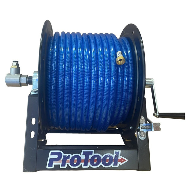 ProTool Reel Black 150ft 1/2in or 200ft 3/8in Hose A Frame, blue hose reel on a black stand with a handle for winding, labeled with ProTool branding.