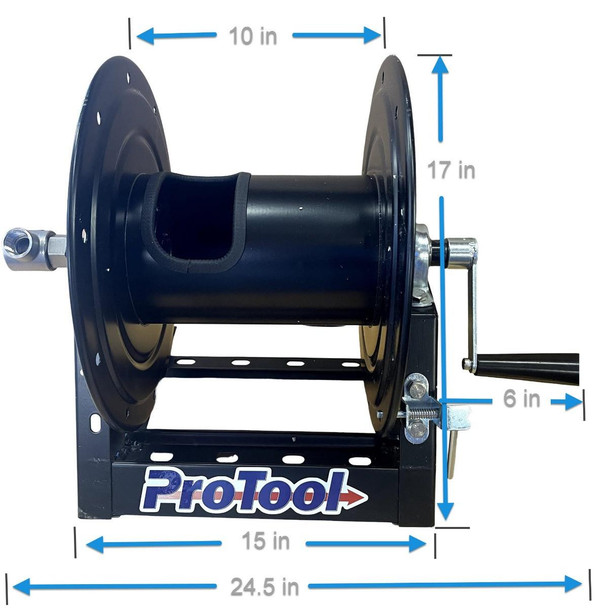 ProTool Reel Black 150ft 1/2in or 200ft 3/8in Hose A Frame, black hose reel with dimensions including 15 inches width, 24.5 inches length, 17 inches height, 10 inches diameter, and 6 inches handle.