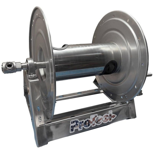 ProTool Two Stainless Steel Reels with Stacking Bracket, industrial stainless steel reels designed for heavy-duty use with a stacking bracket for organized storage.