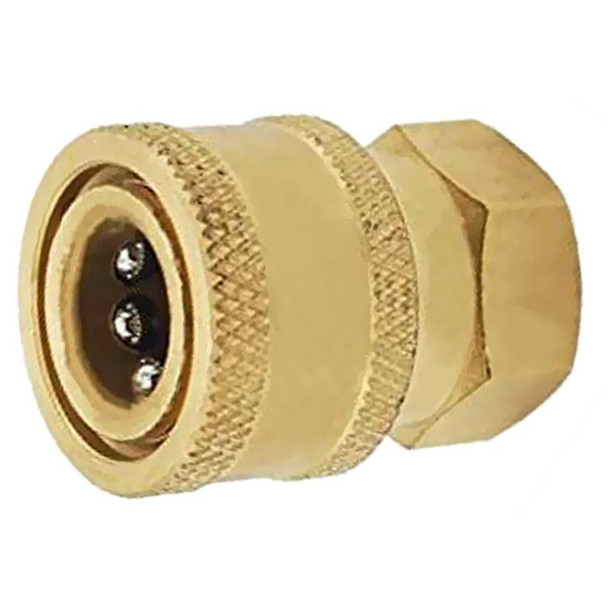 ProTool Coupler Brass QC 1/4in FPT, close-up of the brass quick connect coupler with threaded fitting and rubber gasket for secure air tool connection.