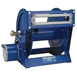J.Racenstein Reel 200/300ft 3000psi Manual Cox, blue industrial hose reel with metal frame and manual crank for high-pressure water or fluid delivery.