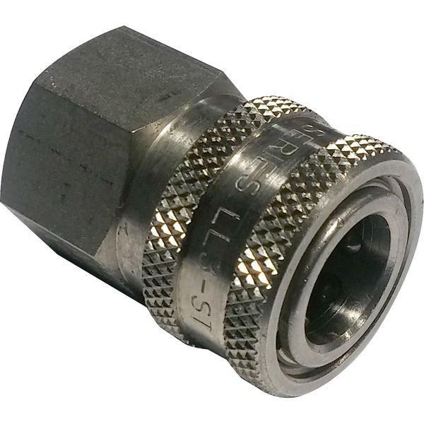 ProTool Coupler 3/8 FPT SS Socket, metallic quick-connect coupling with knurled texture for enhanced grip and a threaded fitting for secure attachment.