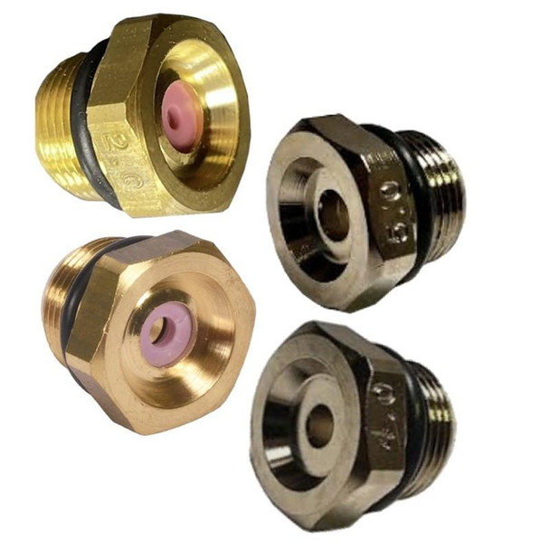 J.Racenstein Udor Turbo Gun Nozzle Tips, set of two brass and two steel nozzle tips with threaded ends and pink internal nozzles for high-pressure cleaning or detailing.