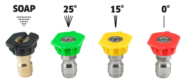 ProTool Nozzle Tip Quick Connect Pressure Washer 1/4in Plug, color-coded spray nozzle tips and soap dispenser for pressure washers.