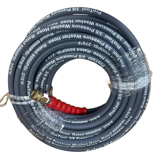 ProTool Pressure Washer Hose 50ft 2 Wire 6000psi with Quick Connects, coiled high-pressure hose with brass fittings and a red protective sleeve.