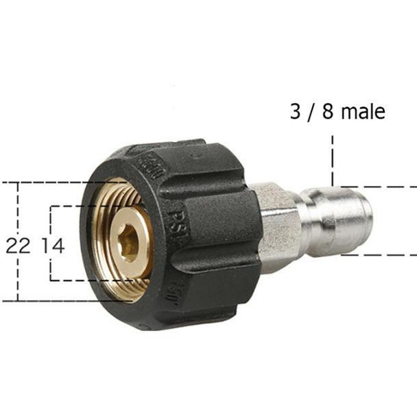 PressurePro M22 14MM Twist to 3/8in Plug Quick Connect, industrial pneumatic quick-connect fitting with brass connector and black plastic twist lock mechanism.