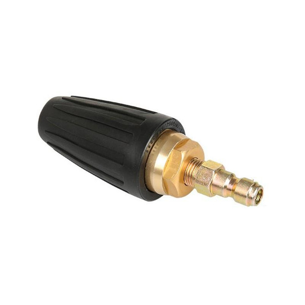 J.Racenstein Turbo Nozzle Pressure Washer Tip, black and gold turbo nozzle with threaded metal connector for high-pressure cleaning.