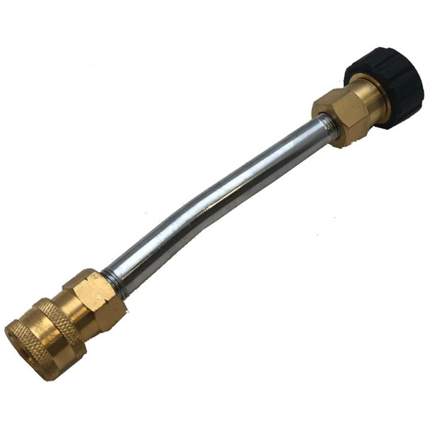 PressurePro Lance 8in Curved Telescoping Wand Top, a high-pressure cleaning tool with a curved stainless steel wand, brass fittings, and a black plastic top for extension and spray control.