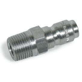 J.Racenstein Plug 3/8in SS MPT, stainless steel industrial plug with threaded and barbed ends for secure pipe connection.