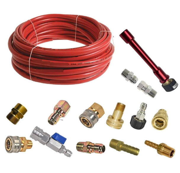 J.Racenstein Rotary Brush Electric Standard Pole Adaptor 50ft, coiled orange electric pole extension cord with various metal connectors and an attachment tool.