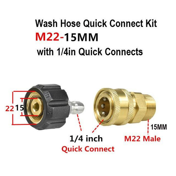 ProTool M22 15MM Hose Quick Connector Kit with 1/4 Quick Connects, image of black and brass connectors with size specifications and quick connection features.