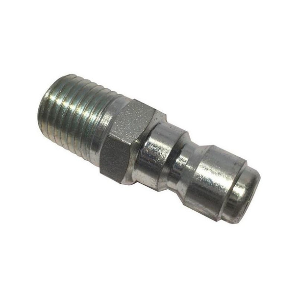 J.Racenstein Plug 1/4 MPT Steel 3500 psi Hansen, metal industrial plug with threaded and smooth parts for high-pressure hydraulic connections.