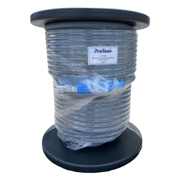 ProTool Pressure Washing Hose 4000psi 1 Wire, coiled high-pressure cleaning hose wrapped in plastic on a spool for industrial pressure washing.