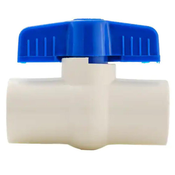 ProTool Ball Valve 1/2in PVC for Softwashing Wands, blue and white plastic ball valve with a blue handle for controlling water flow in softwashing wands.