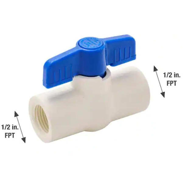ProTool Ball Valve 1/2in PVC for Softwashing Wands, blue plastic valve with threaded connections for 1/2 inch FPT fittings.