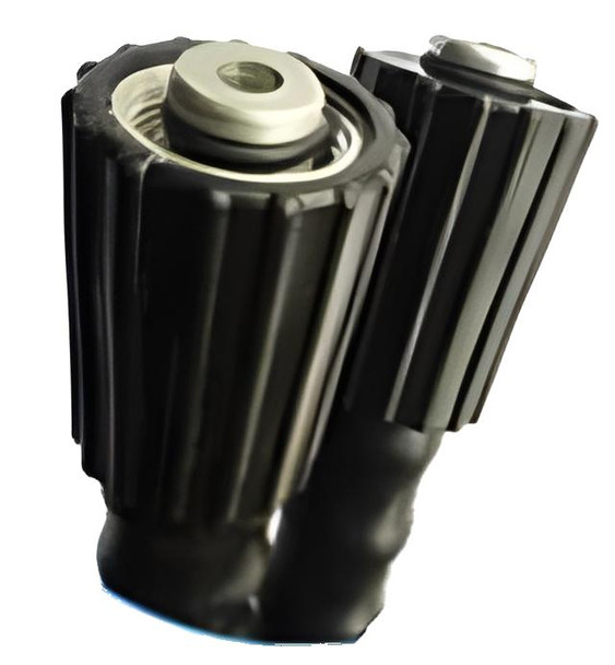 J.Racenstein Hose PW 6ft Whip Connector M22-14 PW, industrial hose connector with ribbed black exterior and metal fittings for secure attachment.