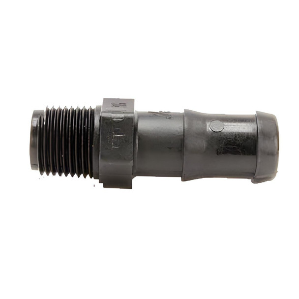 J.Racenstein Hose Barb Poly 3/4in to 1/2 MNPT, metal hose barb fitting with threaded end for connecting hoses and fittings.