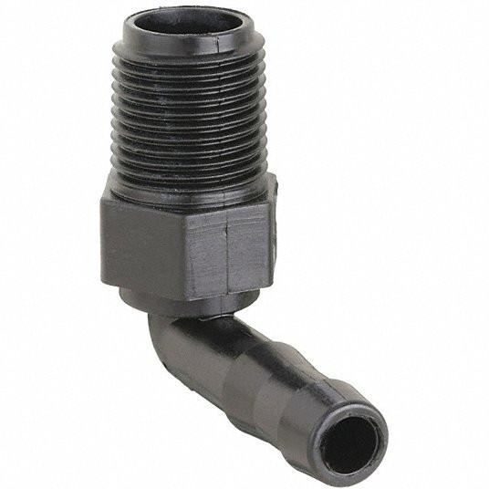 ProTool Hose Barb 90deg 1/2in M Thread x 1/2in Elbow, black plastic hose fitting with 90-degree angled design and threaded connection.