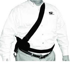 J.Racenstein Belt Support for Pole and Pole Clamp, black support belt with a clip and adjustable strap worn across the chest of a man in a white shirt.