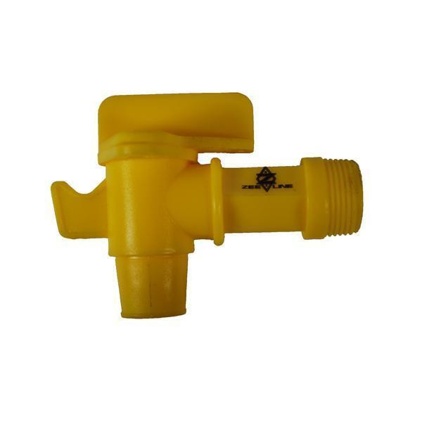 J.Racenstein 3/4in Faucet, yellow plastic faucet with a handle and threaded end for water connection.