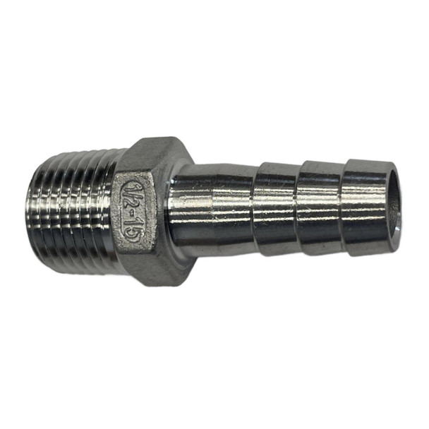ProTool Hose Barb SS 1/2in to 1/2in MNPT 14mm, stainless steel hose barb fitting with male threaded end for secure connection to hoses and fittings.