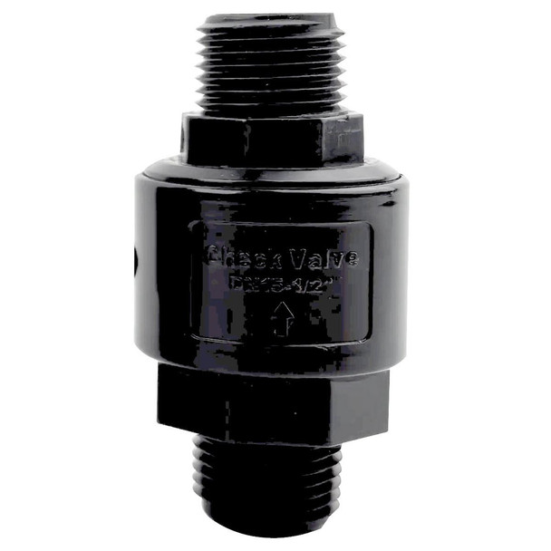 ProTool Check Valve 1/2in Male NPT, black plastic check valve with male NPT fittings on both ends for fluid control.
