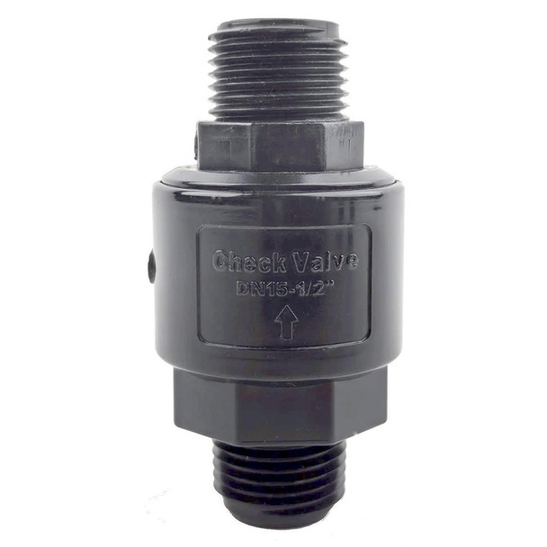ProTool Check Valve 1/2in Male NPT, black plastic check valve with threaded connections for plumbing or pneumatic systems.