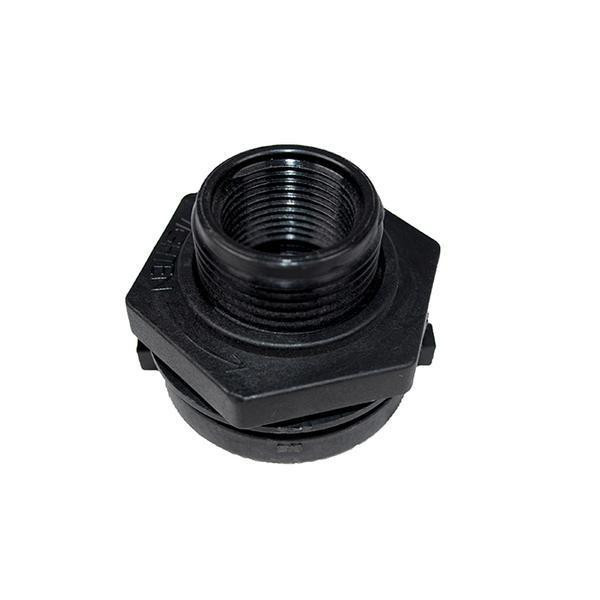 ProTool Bulkhead 3/4 in. Fitting W/Gasket, black plumbing fitting with gasket for secure pipe connection.