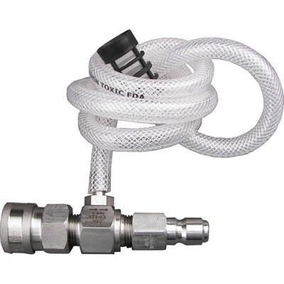 PressurePro Chemical Injector 5000 psi, high-pressure chemical injector hose with metal fittings and a sturdy plastic handle.