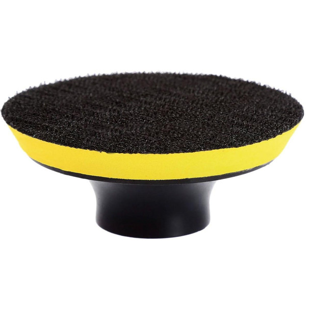 ProTool Pad Adapter 3in with M10 Socket, yellow and black polishing pad with velcro backing.