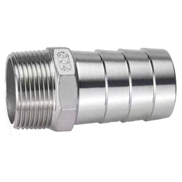 ProTool Hose Barb SS 3/4in MPT to 1in Barb 25mm, stainless steel hose barb fitting with male NPT thread and barbed end for connecting hoses.