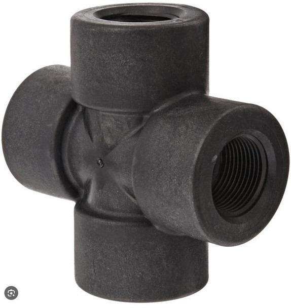 J.Racenstein Cross 3/4in Poly, black plastic pipe fitting with four openings for connecting pipes in plumbing systems.