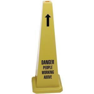 J.Racenstein Safety Cone 36in, yellow safety cone with black arrow and warning text 'DANGER PEOPLE WORKING ABOVE' for safety and accident prevention.