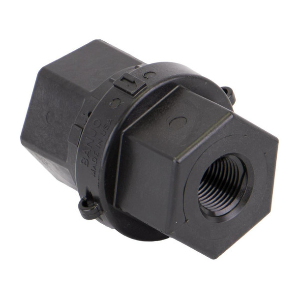 ProTool Check Valve 1/2in Banjo, black plastic check valve with threaded inlet and outlet for fluid control.