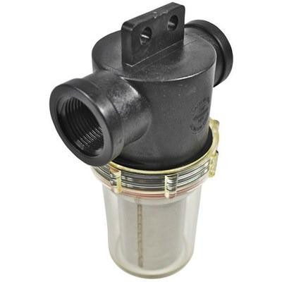 J.Racenstein Filter 3/4in 40 Mesh SS Screen Clear, image of a black water filter with stainless steel screen and clear housing for water filtration.