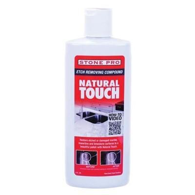 StonePro Etch Remover Natural Touch 8oz, bottle of natural stone etch removing compound with label showing product details and instructions.