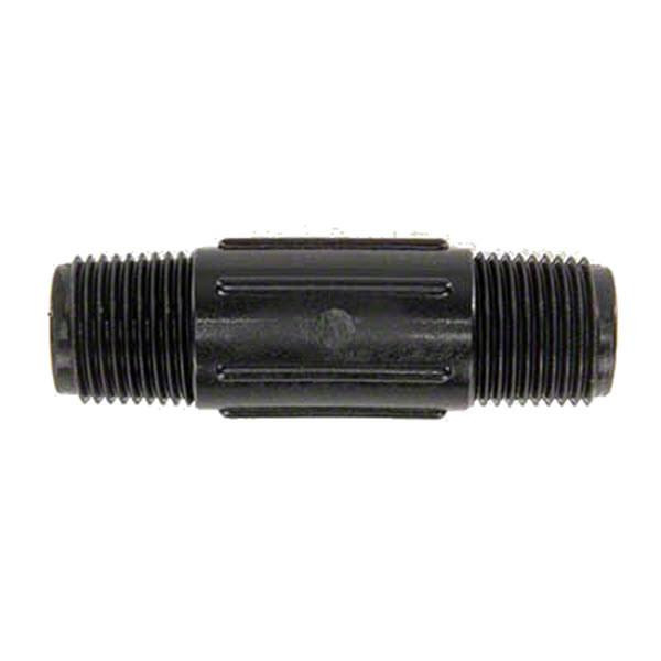 ProTool Nipple 1/2in MPT 3in Poly Banjo, black plastic pipe fitting with threaded ends for connecting pipes in plumbing systems.