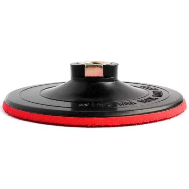 ProTool Pad Adapter 5in with 5/8-11 Socket, black and red circular polishing pad with attached socket for power tools.
